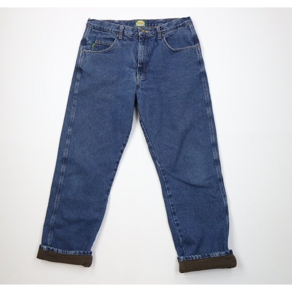 Vintage Cabelas Mens 36x32 Faded Fleece Lined Wide Leg Denim Jeans Blue Cotton